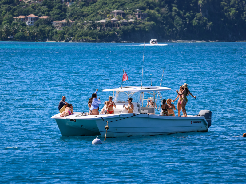 a group of people in a small boat in a large body of water